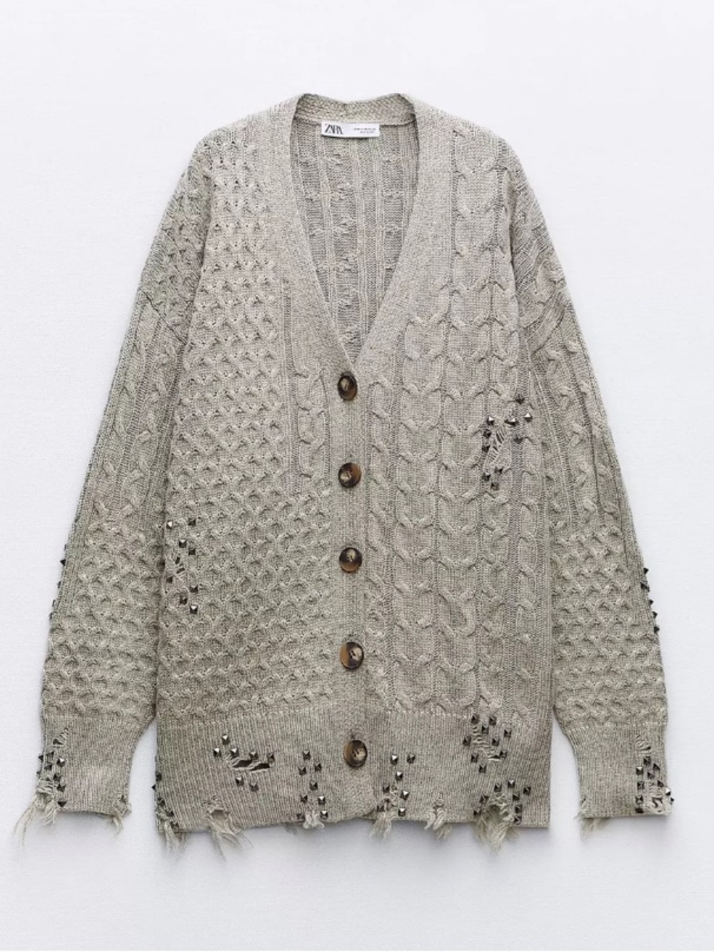 Zara Gray Distressed Cable-Knit Button Cardigan